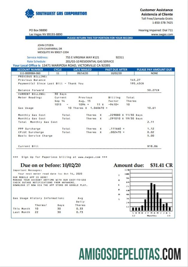 imprimível Modelo de conta de serviços públicos da USA Nevada Southwest Gas Corporation em formato Word e PDF